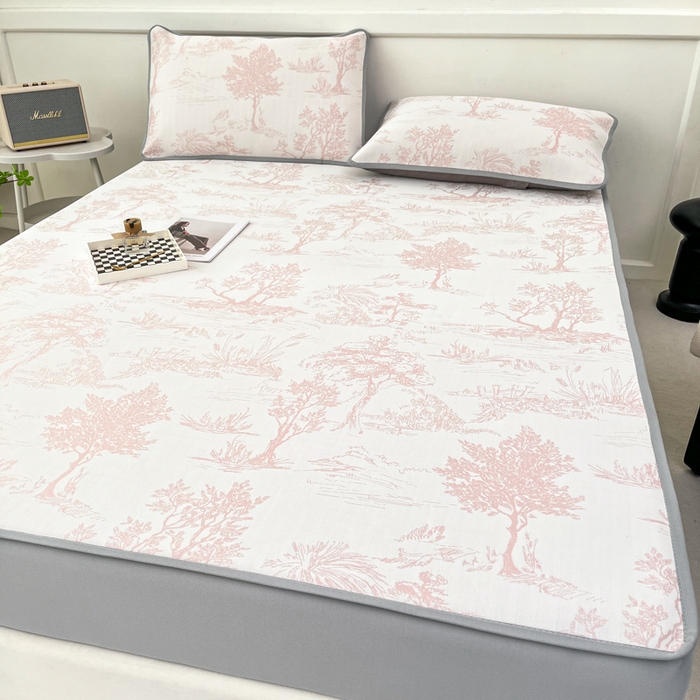 91家纺网 家纺一手货源 找家纺 子曰 2026新款高分子PE聚乙烯乙纶色织提花凉感软凉席席子 秘境-粉床笠款