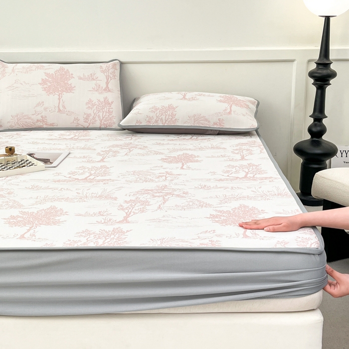 91家纺网 家纺一手货源 找家纺 子曰 2026新款高分子PE聚乙烯乙纶色织提花凉感软凉席席子 秘境-粉床笠款