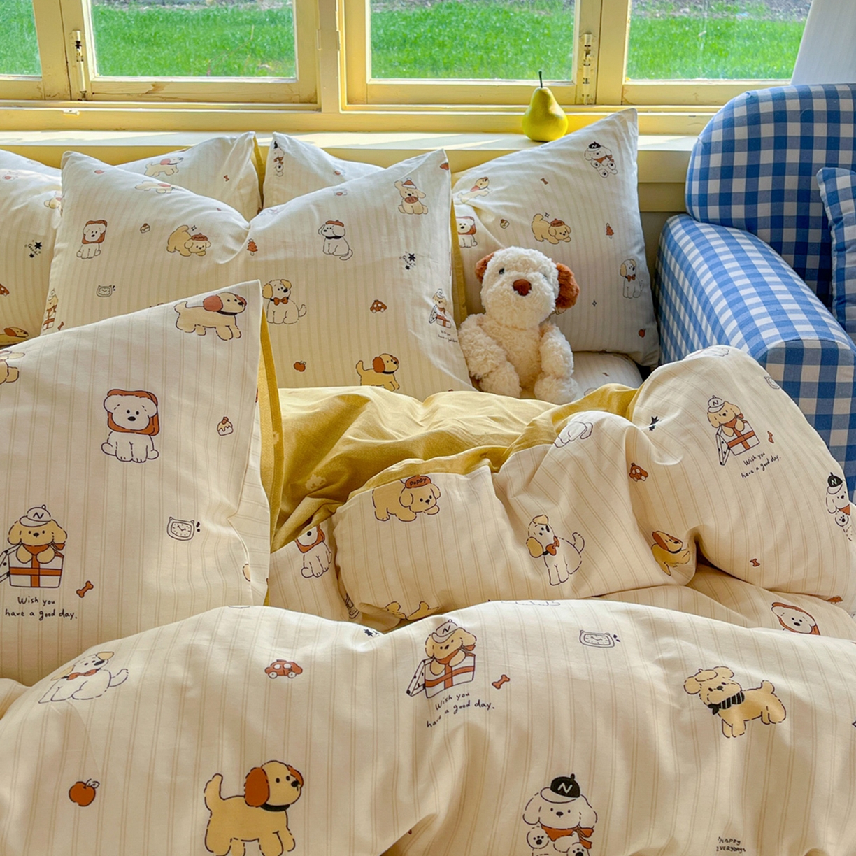 91家纺网 家纺一手货源 找家纺 简约家纺 2026新款全棉斜纹12868床笠系列 可爱萌犬