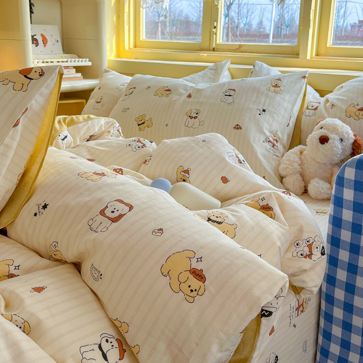 91家纺网 家纺一手货源 找家纺 简约家纺 2026新款全棉斜纹12868床笠系列 可爱萌犬