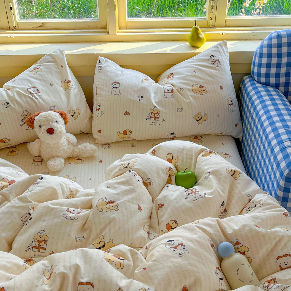 91家纺网 家纺一手货源 找家纺 简约家纺 2026新款全棉斜纹12868床笠系列 可爱萌犬