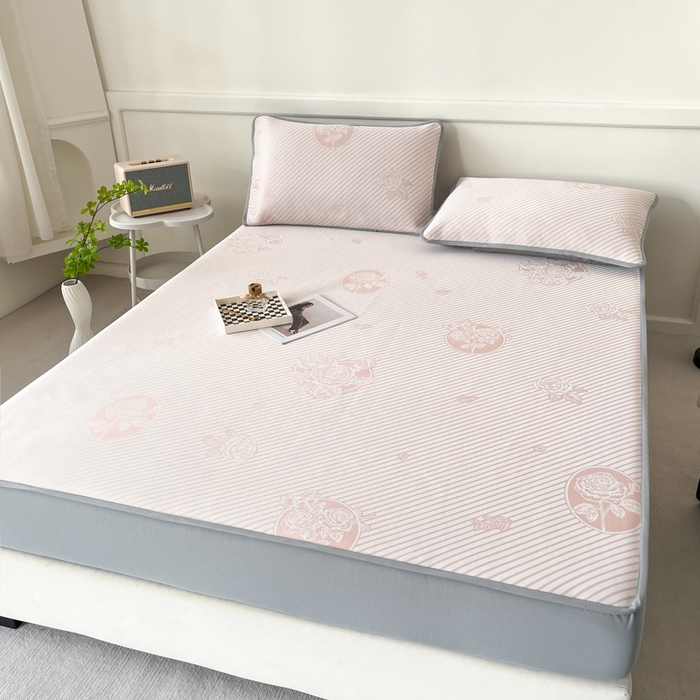 91家纺网 家纺一手货源 找家纺 子曰 2026新款高分子PE聚乙烯乙纶色织提花凉感软凉席席子 玫瑰-粉床笠款