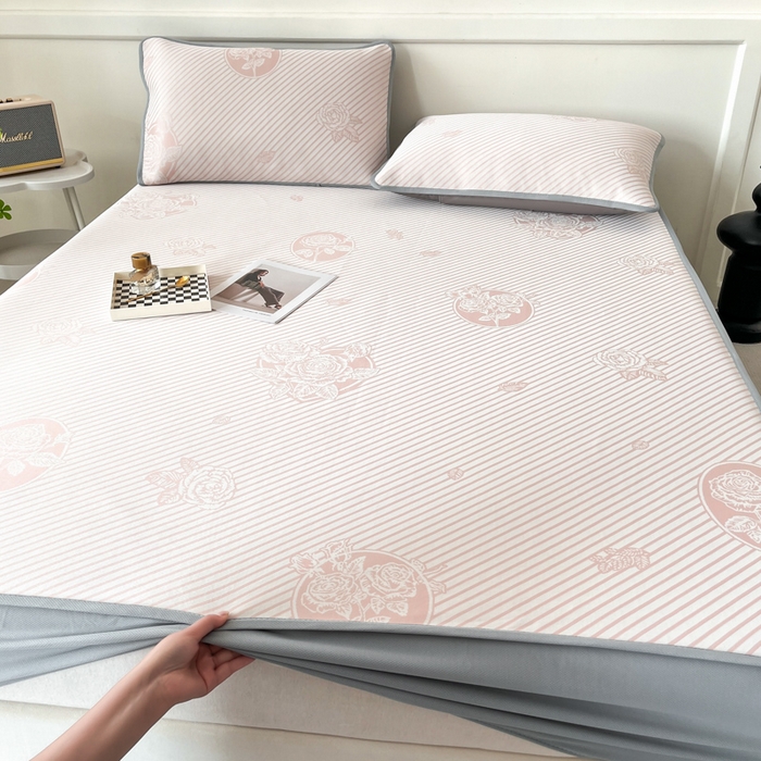 91家纺网 家纺一手货源 找家纺 子曰 2026新款高分子PE聚乙烯乙纶色织提花凉感软凉席席子 玫瑰-粉床笠款