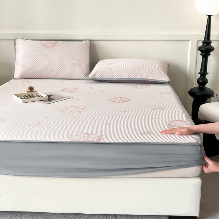 91家纺网 家纺一手货源 找家纺 子曰 2026新款高分子PE聚乙烯乙纶色织提花凉感软凉席席子 玫瑰-粉床笠款