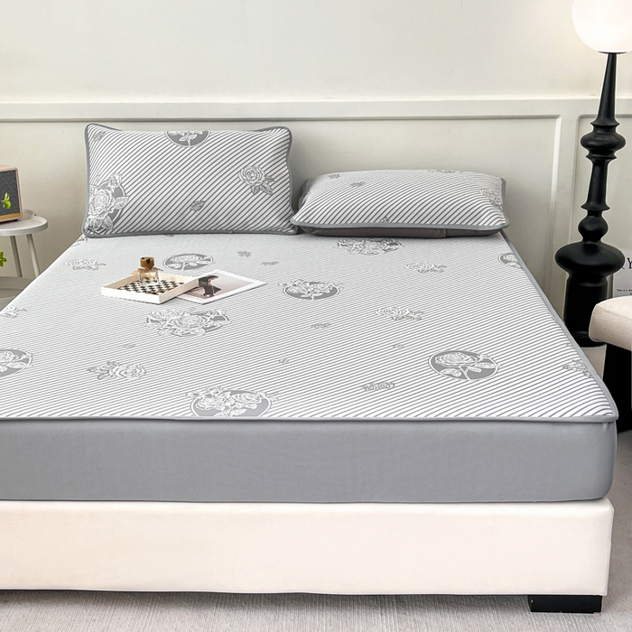 91家纺网 家纺一手货源 找家纺 子曰 2026新款高分子PE聚乙烯乙纶色织提花凉感软凉席席子 玫瑰-灰床笠款