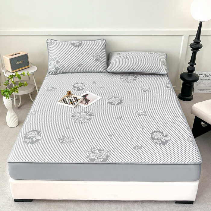 91家纺网 家纺一手货源 找家纺 子曰 2026新款高分子PE聚乙烯乙纶色织提花凉感软凉席席子 玫瑰-灰床笠款