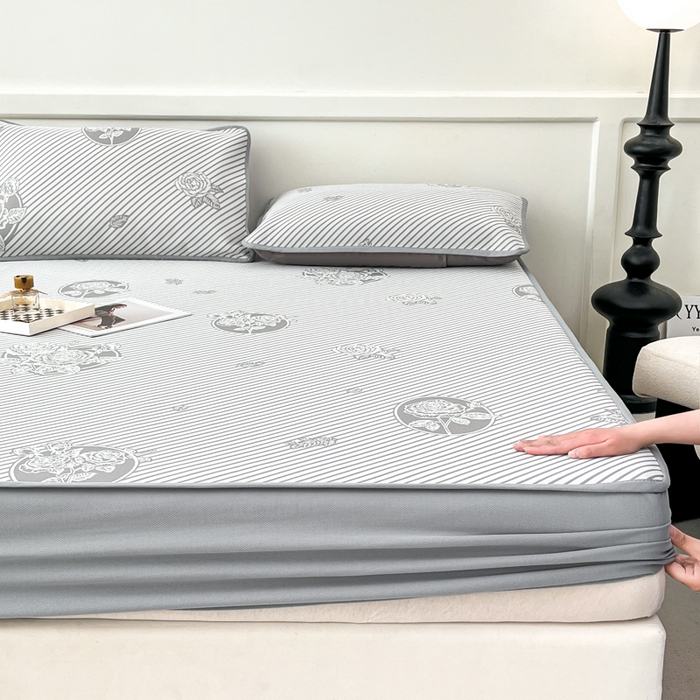 91家纺网 家纺一手货源 找家纺 子曰 2026新款高分子PE聚乙烯乙纶色织提花凉感软凉席席子 玫瑰-灰床笠款