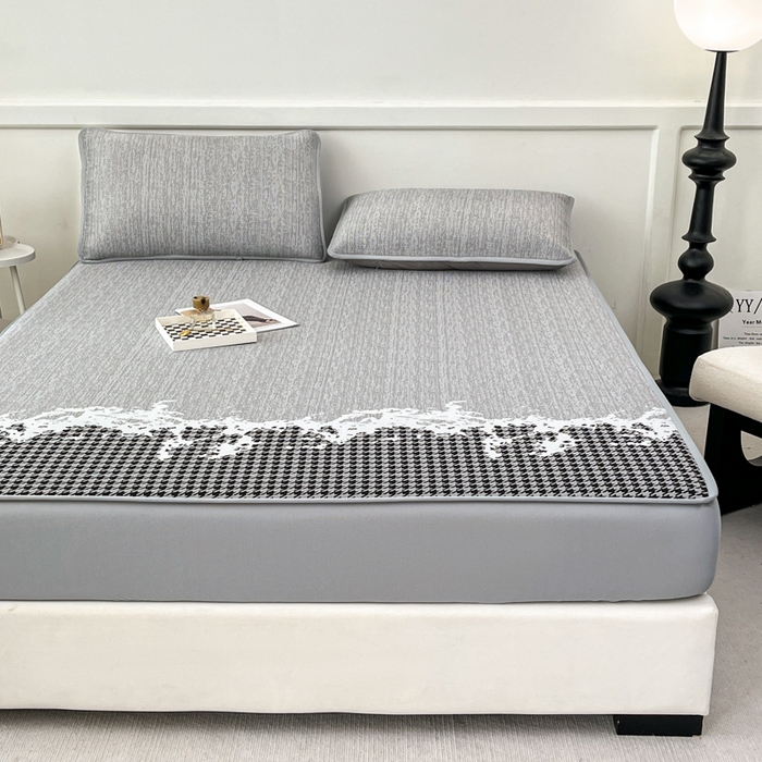 91家纺网 家纺一手货源 找家纺 子曰 2026新款高分子PE聚乙烯乙纶色织提花凉感软凉席席子 千鸟格-灰床笠款