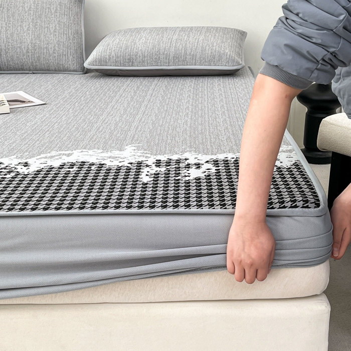 91家纺网 家纺一手货源 找家纺 子曰 2026新款高分子PE聚乙烯乙纶色织提花凉感软凉席席子 千鸟格-灰床笠款