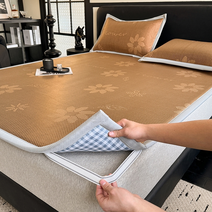 91家纺网 家纺一手货源 找家纺 卡罗兰 2026新款床垫凉席冰藤提花凉席席子双面可用床单单件三件套 冰藤提花-深咖