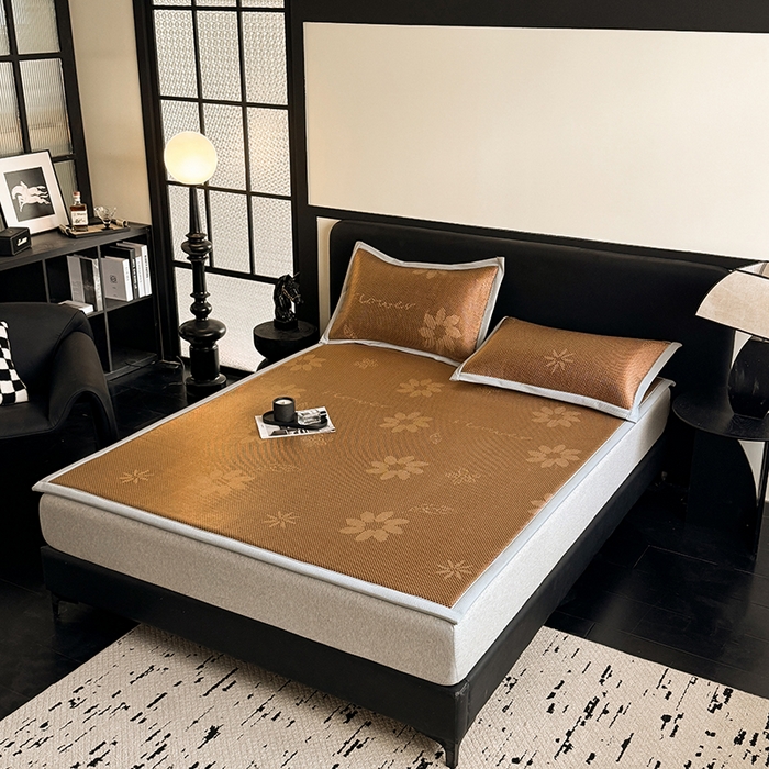 91家纺网 家纺一手货源 找家纺 卡罗兰 2026新款床垫凉席冰藤提花凉席席子双面可用床单单件三件套 冰藤提花-深咖