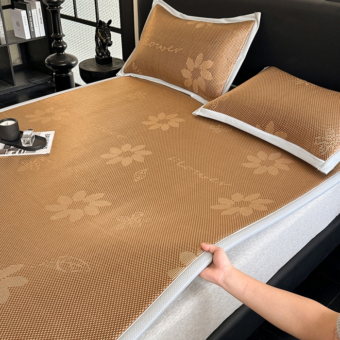 91家纺网 家纺一手货源 找家纺 卡罗兰 2026新款床垫凉席冰藤提花凉席席子双面可用床单单件三件套 冰藤提花-深咖