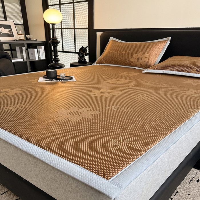 91家纺网 家纺一手货源 找家纺 卡罗兰 2026新款床垫凉席冰藤提花凉席席子双面可用床单单件三件套 冰藤提花-深咖