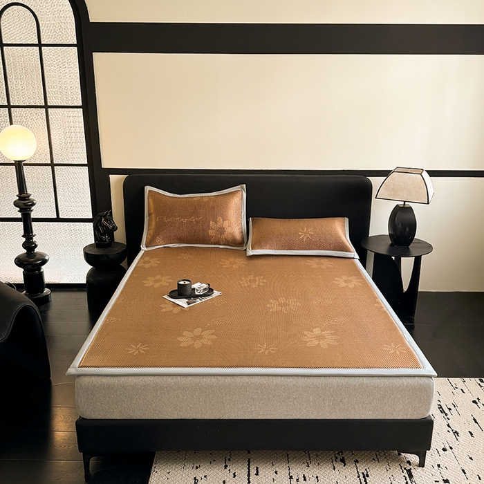 91家纺网 家纺一手货源 找家纺 卡罗兰 2026新款床垫凉席冰藤提花凉席席子双面可用床单单件三件套 冰藤提花-深咖