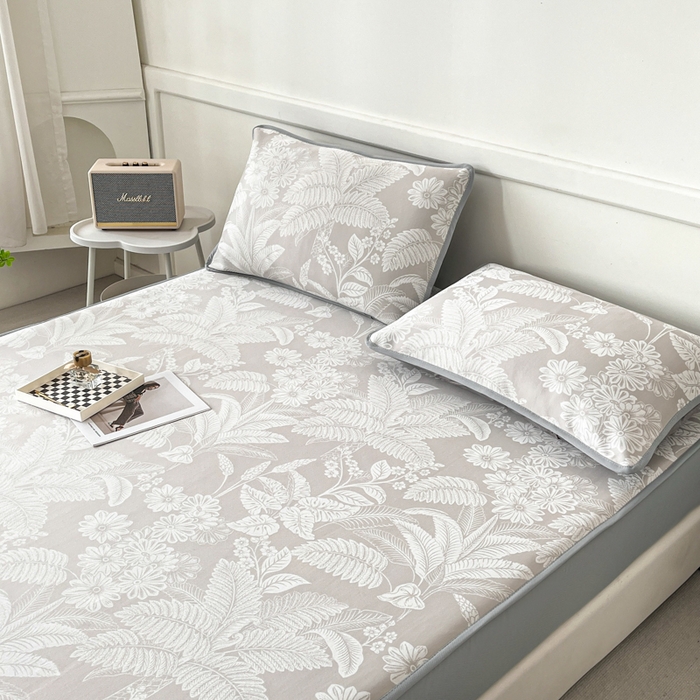 91家纺网 家纺一手货源 找家纺 子曰 2026新款高分子PE聚乙烯乙纶色织提花凉感软凉席席子 叶之恋-咖床笠款