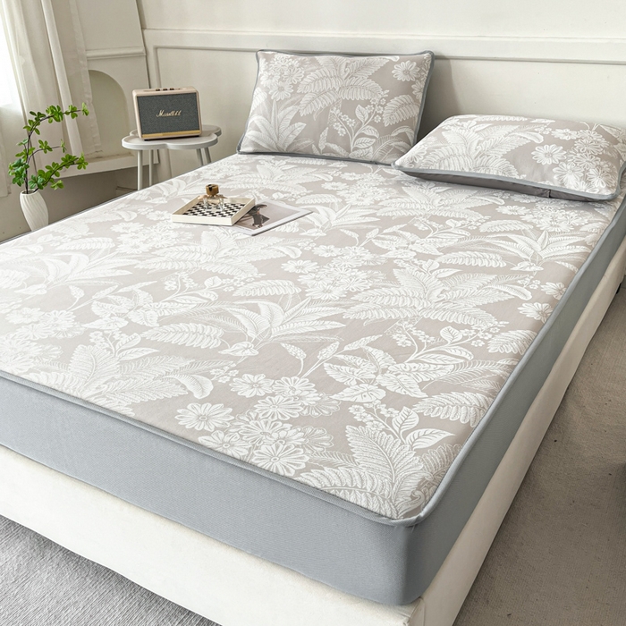 91家纺网 家纺一手货源 找家纺 子曰 2026新款高分子PE聚乙烯乙纶色织提花凉感软凉席席子 叶之恋-咖床笠款