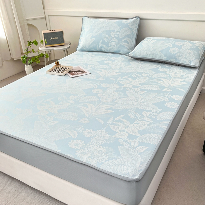 91家纺网 家纺一手货源 找家纺 子曰 2026新款高分子PE聚乙烯乙纶色织提花凉感软凉席席子 叶之恋-蓝床笠款