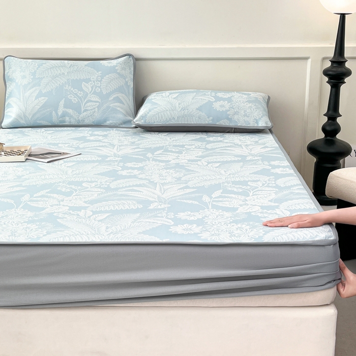 91家纺网 家纺一手货源 找家纺 子曰 2026新款高分子PE聚乙烯乙纶色织提花凉感软凉席席子 叶之恋-蓝床笠款