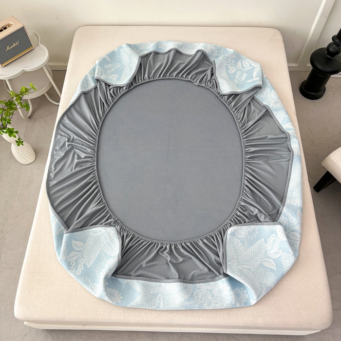 91家纺网 家纺一手货源 找家纺 子曰 2026新款高分子PE聚乙烯乙纶色织提花凉感软凉席席子 叶之恋-蓝床笠款