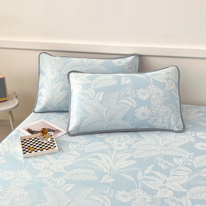 91家纺网 家纺一手货源 找家纺 子曰 2026新款高分子PE聚乙烯乙纶色织提花凉感软凉席席子 叶之恋-蓝床笠款