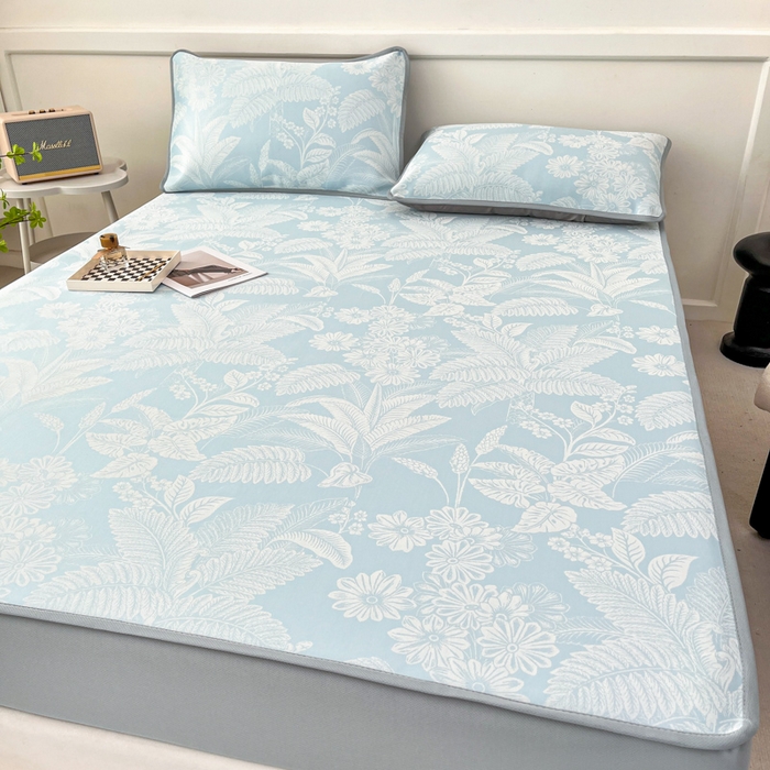 91家纺网 家纺一手货源 找家纺 子曰 2026新款高分子PE聚乙烯乙纶色织提花凉感软凉席席子 叶之恋-蓝床笠款