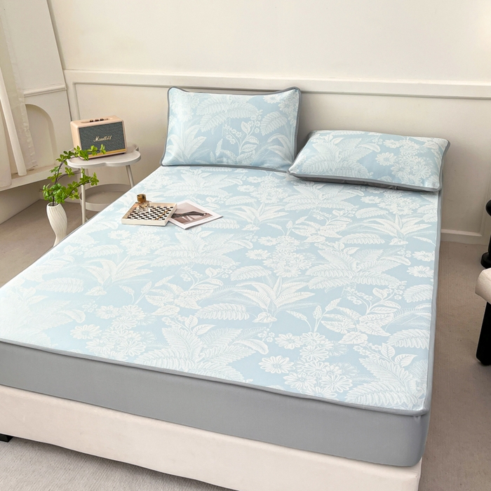 91家纺网 家纺一手货源 找家纺 子曰 2026新款高分子PE聚乙烯乙纶色织提花凉感软凉席席子 叶之恋-蓝床笠款