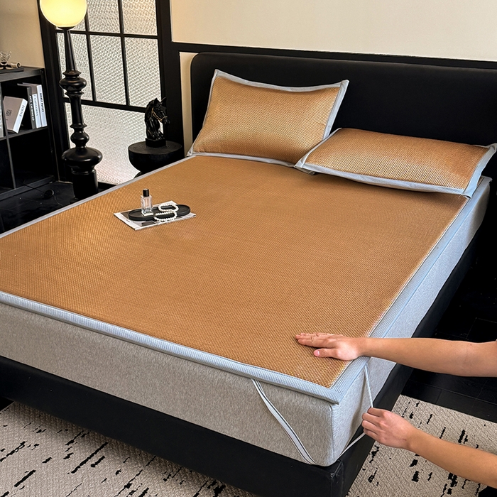 91家纺网 家纺一手货源 找家纺 卡罗兰 2026新款床垫凉席冰藤提花凉席席子双面可用床单单件三件套 冰藤提花-纯咖