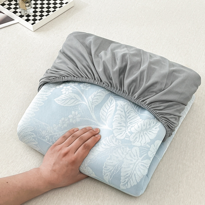 91家纺网 家纺一手货源 找家纺 子曰 2026新款高分子PE聚乙烯乙纶色织提花凉感软凉席席子 叶之恋-蓝床笠款