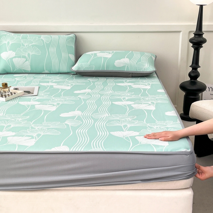 91家纺网 家纺一手货源 找家纺 子曰 2026新款高分子PE聚乙烯乙纶色织提花凉感软凉席席子 银杏叶-绿床笠款