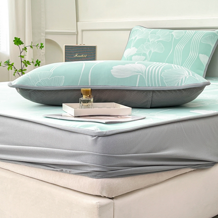 91家纺网 家纺一手货源 找家纺 子曰 2026新款高分子PE聚乙烯乙纶色织提花凉感软凉席席子 银杏叶-绿床笠款