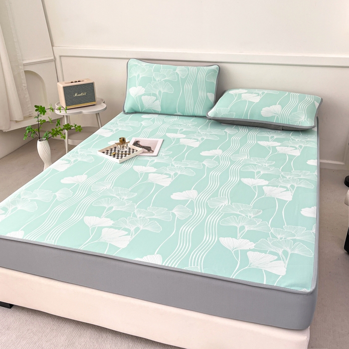 91家纺网 家纺一手货源 找家纺 子曰 2026新款高分子PE聚乙烯乙纶色织提花凉感软凉席席子 银杏叶-绿床笠款