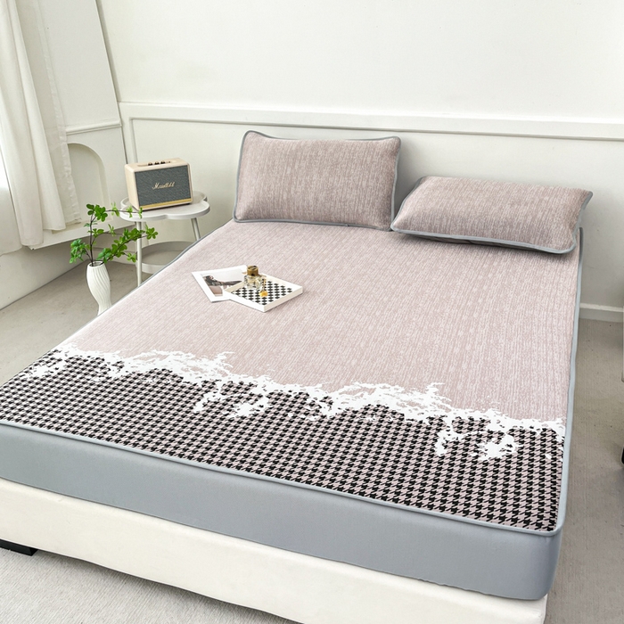 91家纺网 家纺一手货源 找家纺 子曰 2026新款高分子PE聚乙烯乙纶色织提花凉感软凉席席子 千鸟格-紫床笠款