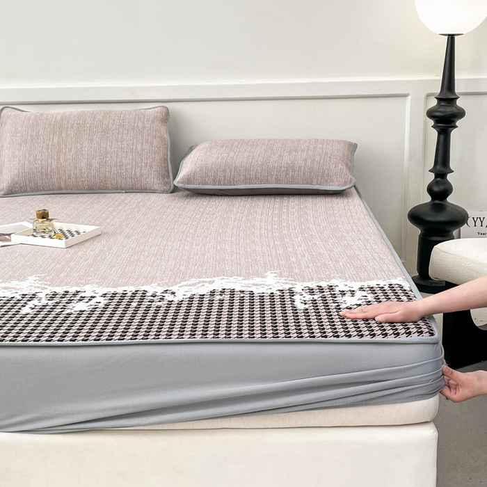 91家纺网 家纺一手货源 找家纺 子曰 2026新款高分子PE聚乙烯乙纶色织提花凉感软凉席席子 千鸟格-紫床笠款