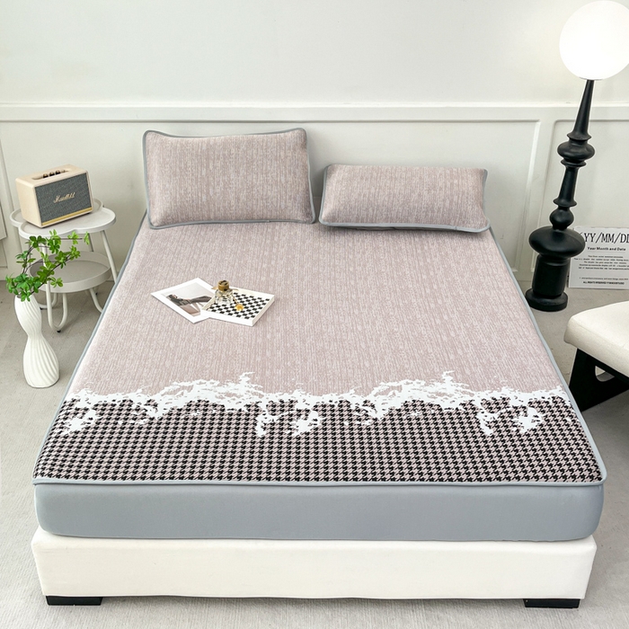 91家纺网 家纺一手货源 找家纺 子曰 2026新款高分子PE聚乙烯乙纶色织提花凉感软凉席席子 千鸟格-紫床笠款