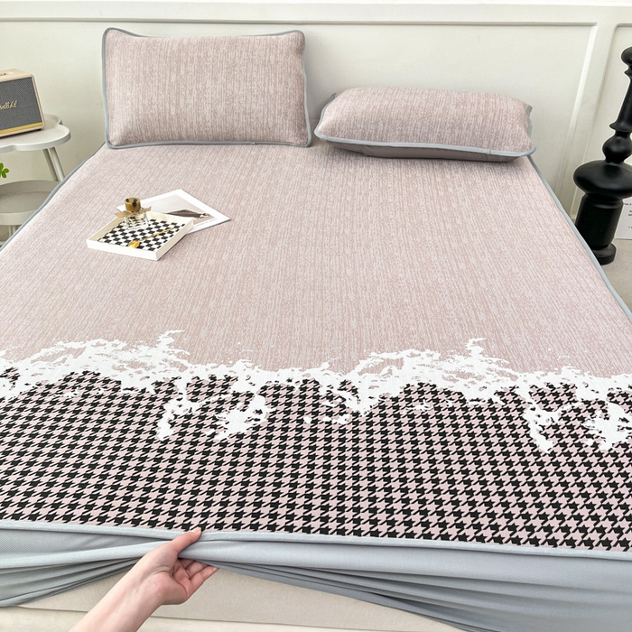 91家纺网 家纺一手货源 找家纺 子曰 2026新款高分子PE聚乙烯乙纶色织提花凉感软凉席席子 千鸟格-紫床笠款