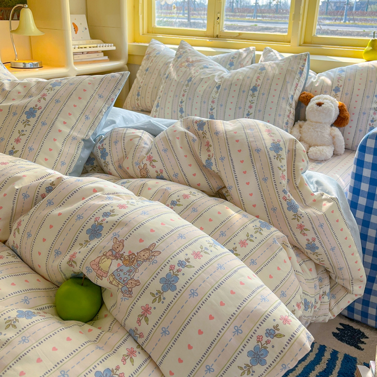 91家纺网 家纺一手货源 找家纺 简约家纺 2026新款全棉斜纹12868床笠系列 蓝茵小兔