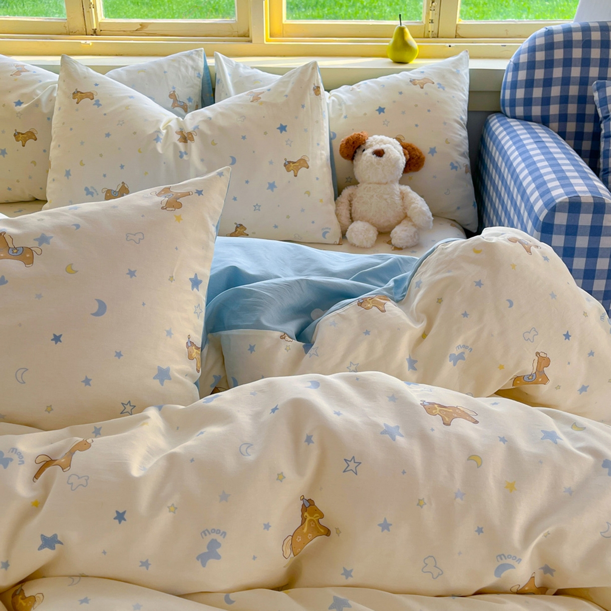 91家纺网 家纺一手货源 找家纺 简约家纺 2026新款全棉斜纹12868床笠系列 木马心愿