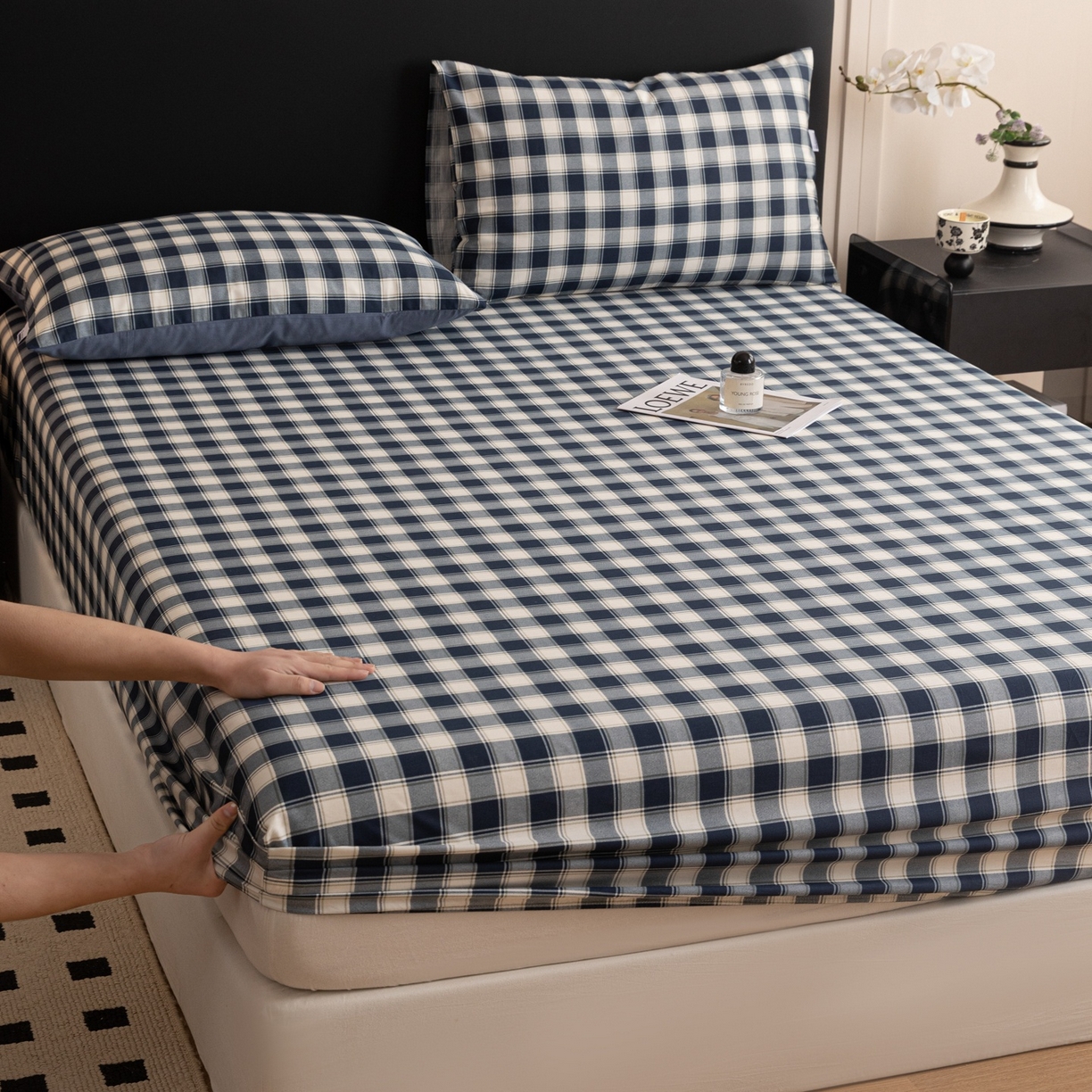 女子家纺 2026新款40支13070全棉简约格子系列A版床笠 藏青学院