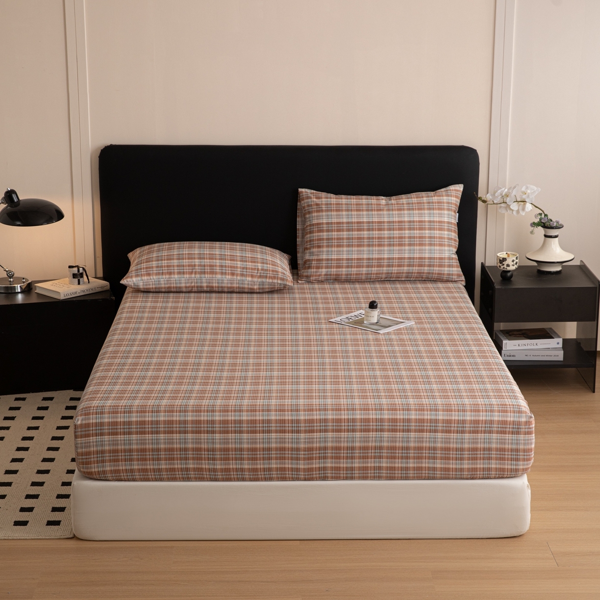 91家纺网 家纺一手货源 找家纺 女子家纺 2026新款40支13070全棉简约格子系列A版床笠 赤茶格