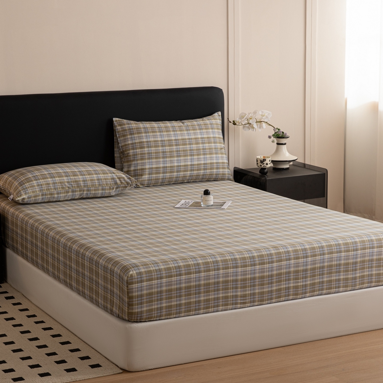 91家纺网 家纺一手货源 找家纺 女子家纺 2026新款40支13070全棉简约格子系列A版床笠 抹茶格