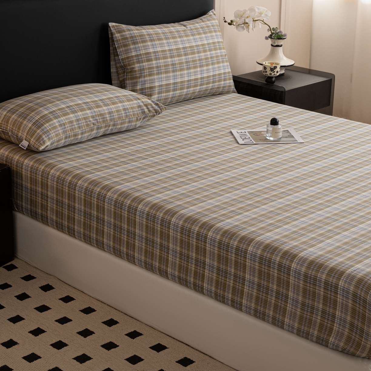 91家纺网 家纺一手货源 找家纺 女子家纺 2026新款40支13070全棉简约格子系列A版床笠 抹茶格