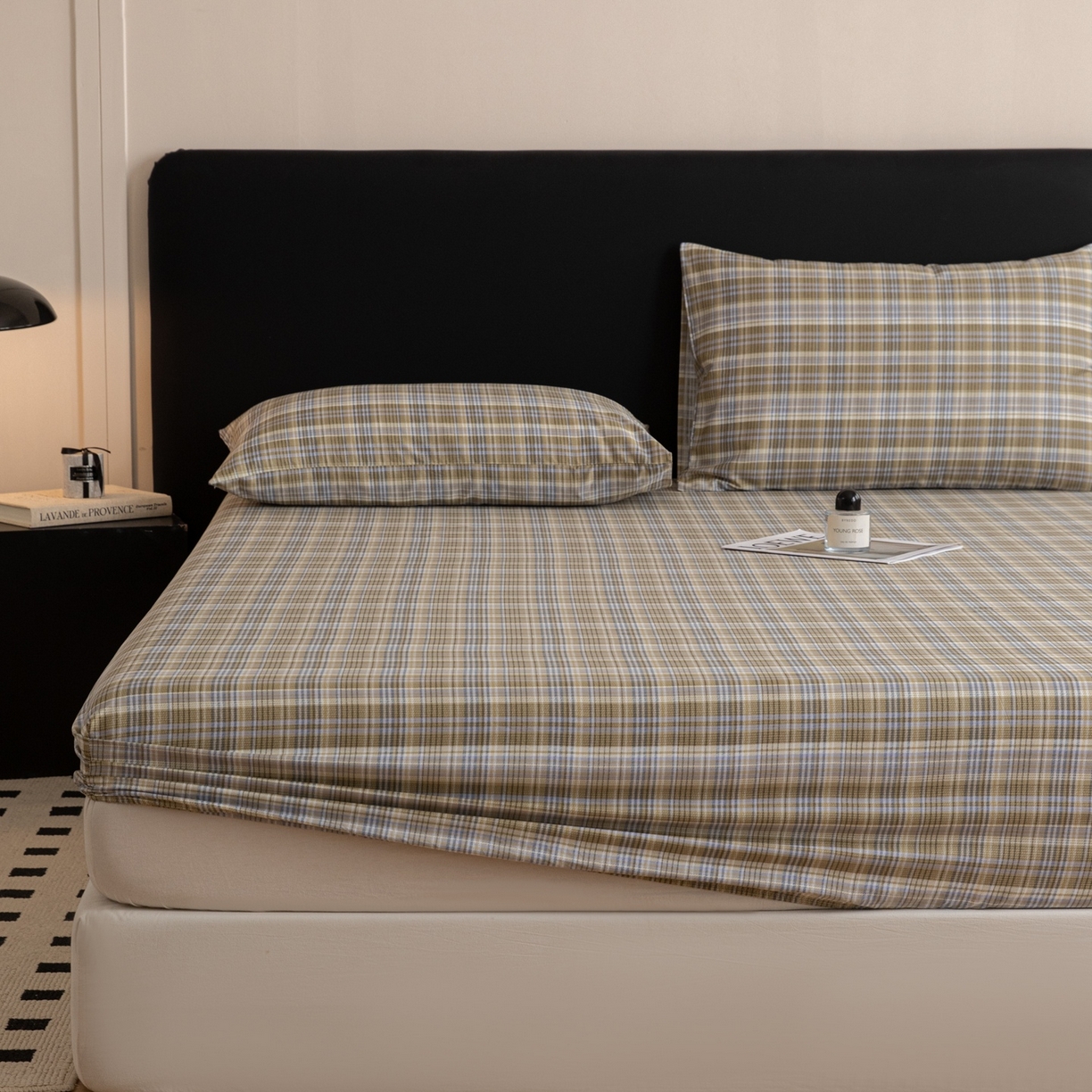 91家纺网 家纺一手货源 找家纺 女子家纺 2026新款40支13070全棉简约格子系列A版床笠 抹茶格