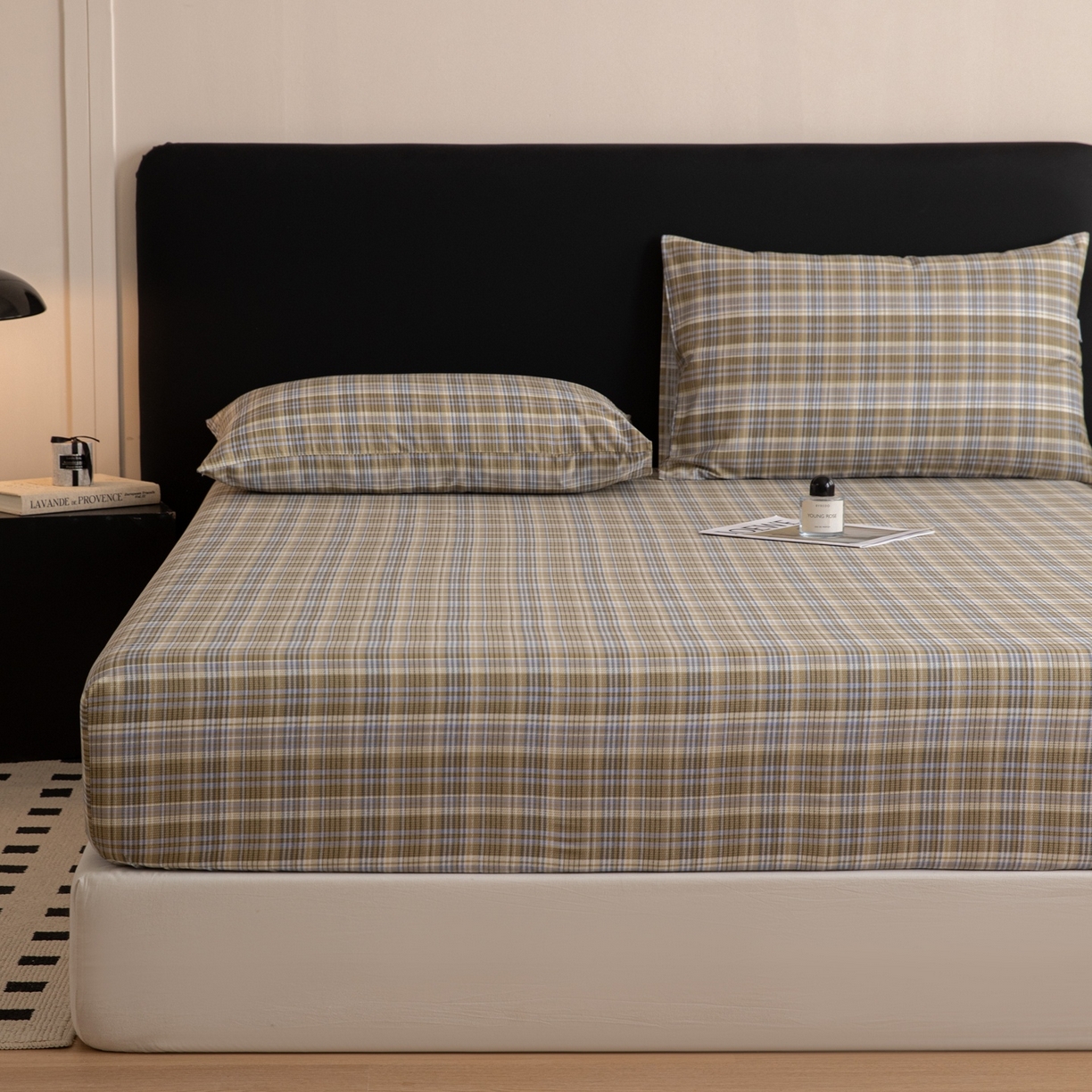 91家纺网 家纺一手货源 找家纺 女子家纺 2026新款40支13070全棉简约格子系列A版床笠 抹茶格