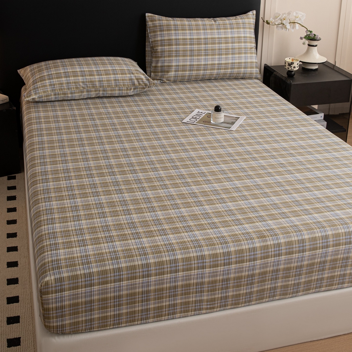 91家纺网 家纺一手货源 找家纺 女子家纺 2026新款40支13070全棉简约格子系列A版床笠 抹茶格