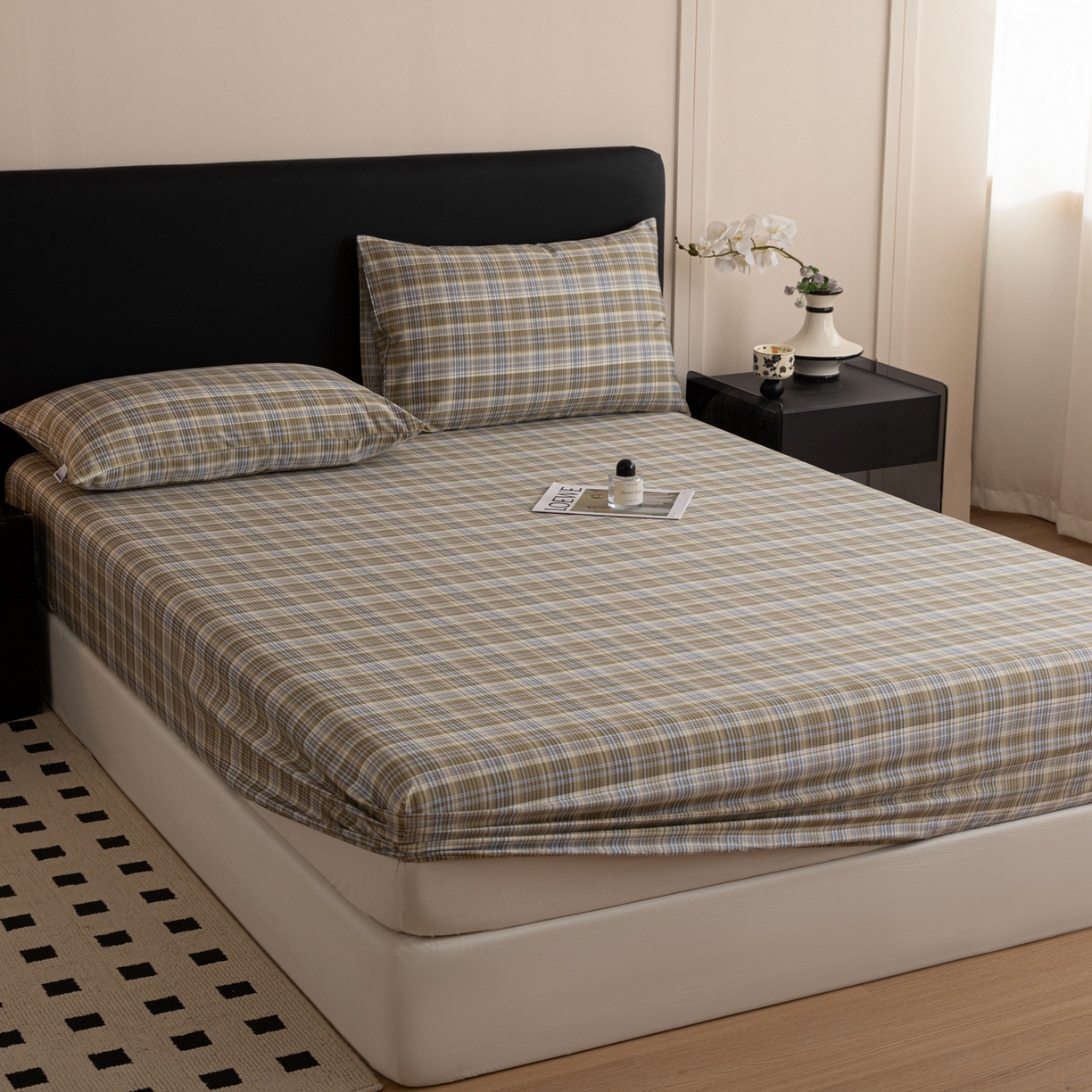 91家纺网 家纺一手货源 找家纺 女子家纺 2026新款40支13070全棉简约格子系列A版床笠 抹茶格