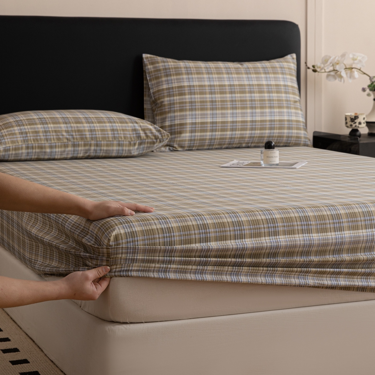 91家纺网 家纺一手货源 找家纺 女子家纺 2026新款40支13070全棉简约格子系列A版床笠 抹茶格