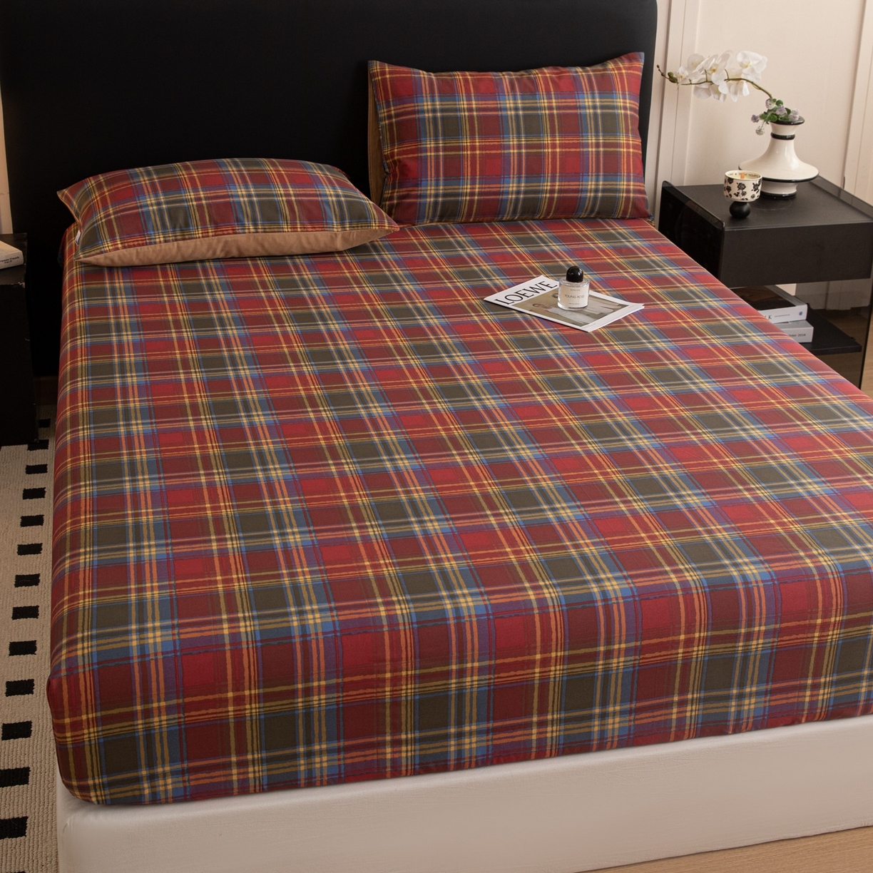 91家纺网 家纺一手货源 找家纺 女子家纺 2026新款40支13070全棉简约格子系列A版床笠 英伦-炽焰红