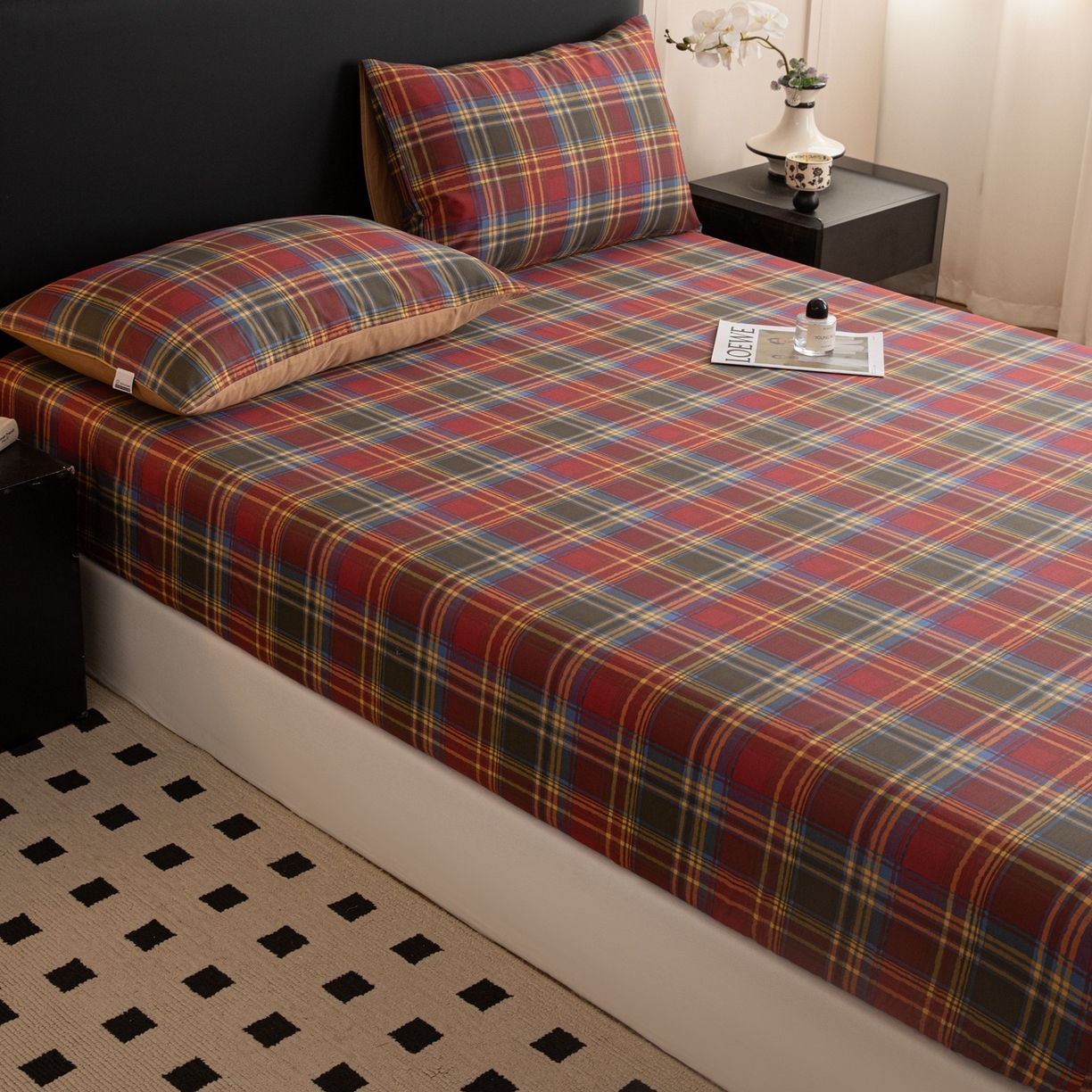 91家纺网 家纺一手货源 找家纺 女子家纺 2026新款40支13070全棉简约格子系列A版床笠 英伦-炽焰红