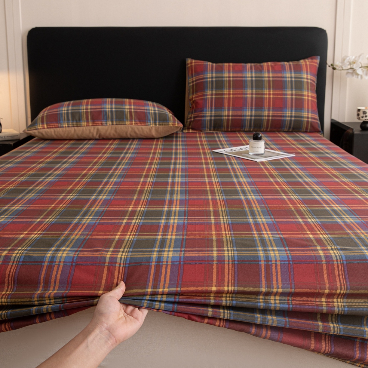 91家纺网 家纺一手货源 找家纺 女子家纺 2026新款40支13070全棉简约格子系列A版床笠 英伦-炽焰红