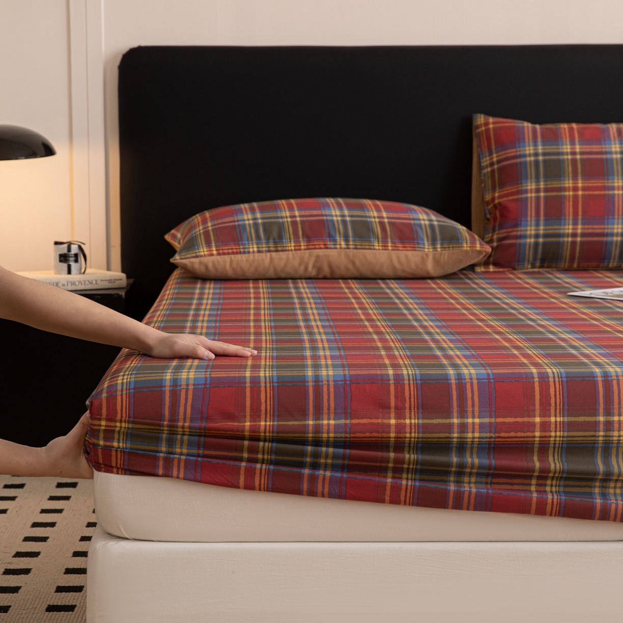 91家纺网 家纺一手货源 找家纺 女子家纺 2026新款40支13070全棉简约格子系列A版床笠 英伦-炽焰红